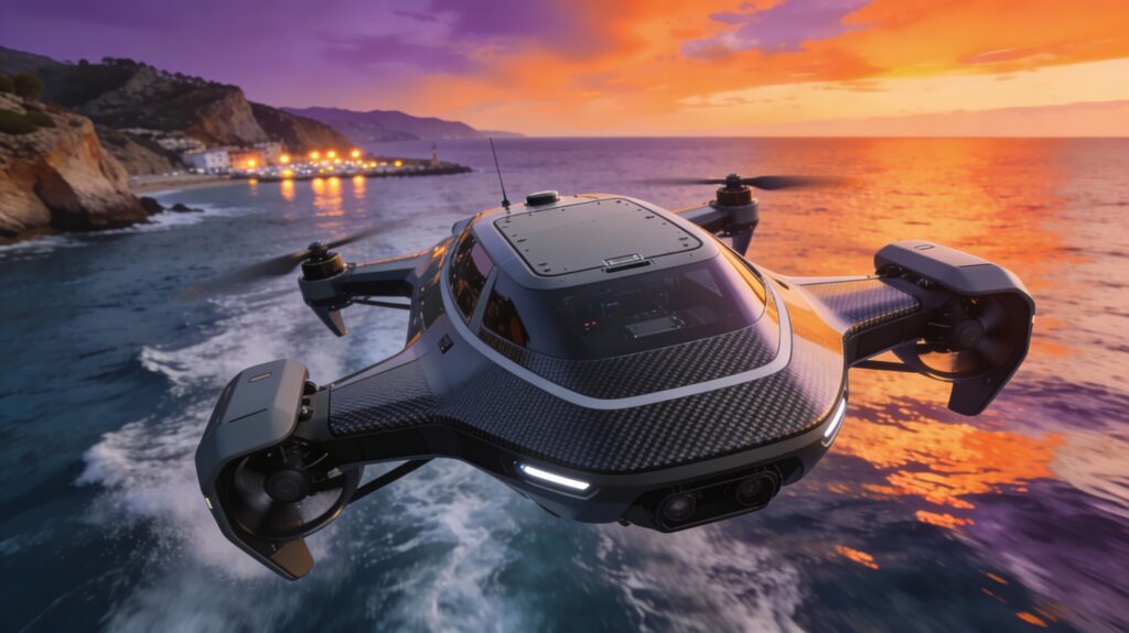 Dron marítimo de superficie navegando cerca de la costa de España al atardecer, con casco de fibra de vidrio y carbono para investigación y vigilancia costera.