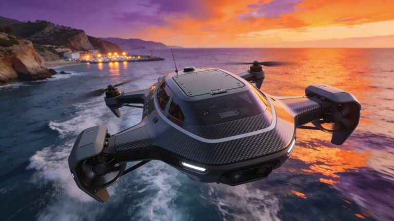 Dron marítimo de superficie navegando cerca de la costa de España al atardecer, con casco de fibra de vidrio y carbono para investigación y vigilancia costera.